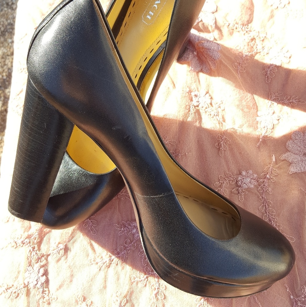 COACH Blk Leather Platform Chunky Heels Sz 9 1/2 - Picture 2 of 4
